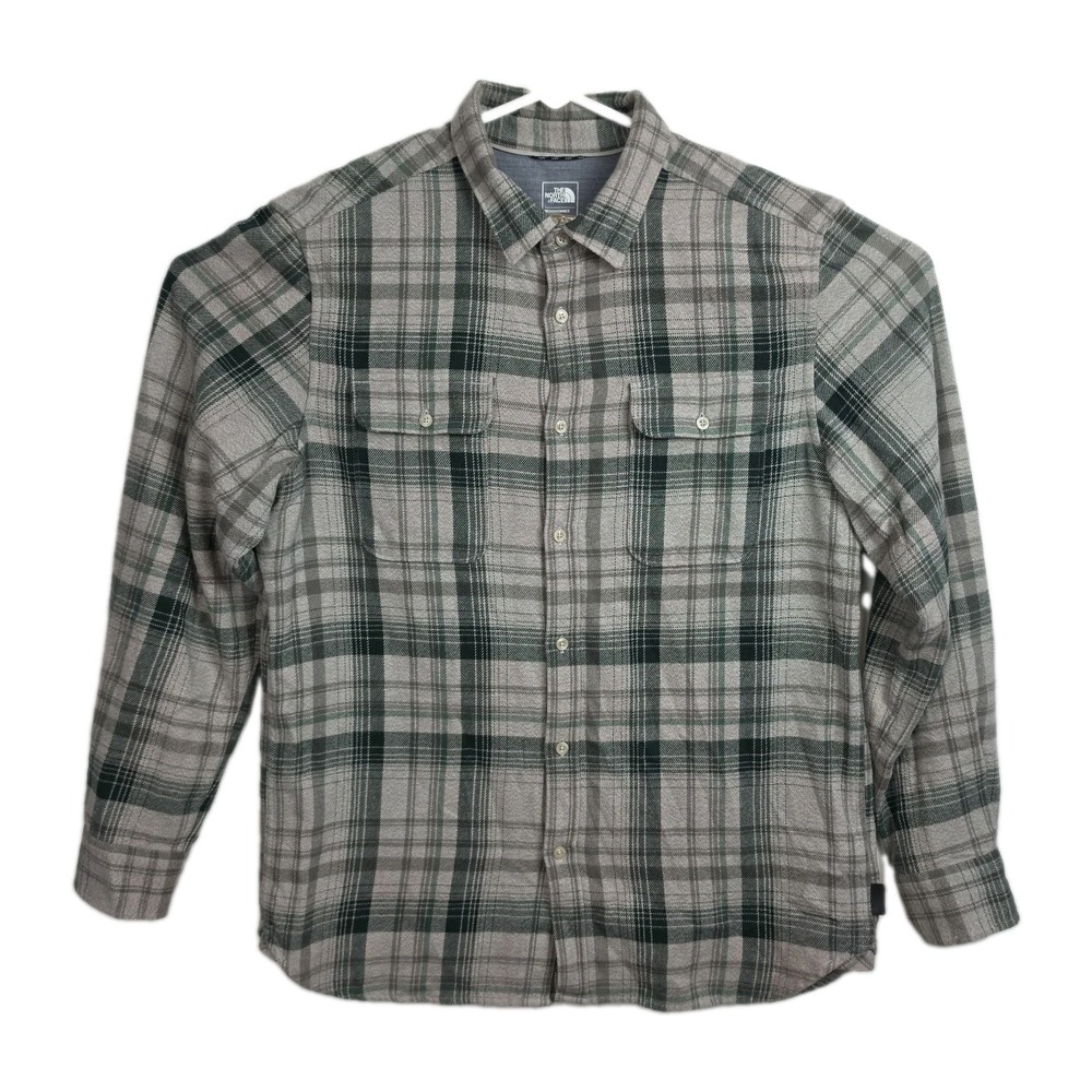 The North‎ Face Button-Up Flannel Shirt Men's L Tan/Green Plaid Long Sleeves
